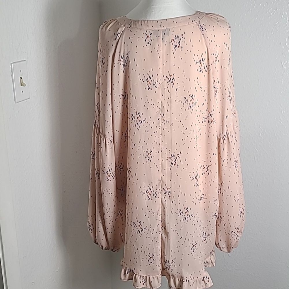 a.n.a. Light Pink Blouse, Splashes of Navy, Lace-up Neckline/Ruffles, Sz Large - Picture 9 of 11